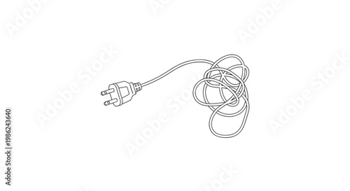 A minimalist black and white line illustration depicts a standard two-prong electrical plug attached to a chaotic and intricately tangled mess of thin wire.