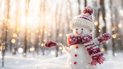 snowman. A festive winter scene with a snowman and gently falling snow in a holiday landscape. event programs, museum guides, designed for cultural heritage projects and event programs.
