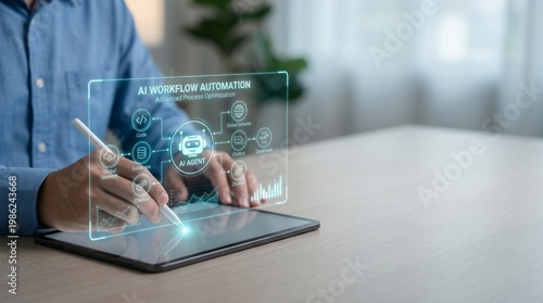 Close-up of Hand Using Stylus on Tablet with AI Workflow Automation Hologram and Copy Space