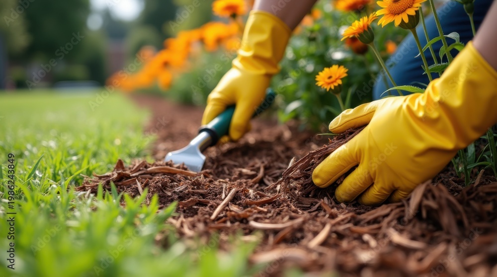 Fototapeta premium Close-up of gloved hands spreading cedar mulch along a flower bed edge
