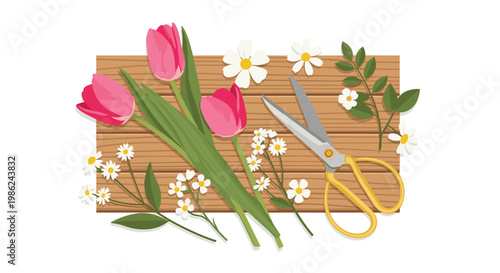 Beautiful pink tulips and delicate white daisies are arranged neatly on a flat wooden board alongside a pair of sharp gold-handled craft scissors.