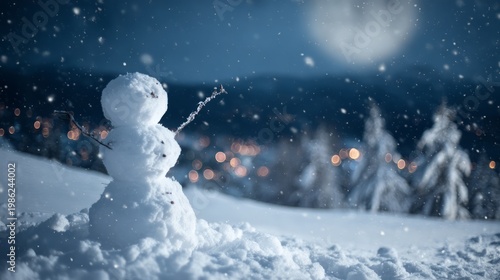 snowman. A festive winter scene with a snowman and gently falling snow in a holiday landscape. event programs, museum guides, designed for cultural heritage projects and event programs.
