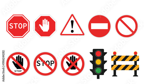 A set of traffic and warning signs icon. Stop, caution, no entry, traffic light and constructions barrier symbols. Road safety vector collection.