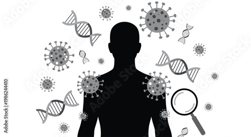 A bold black human silhouette is accompanied by grey viral particles and DNA double helix structures with a magnifying glass for medical diagnostics.