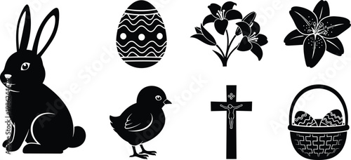 Easter symbols in silhouette featuring rabbit chick easter egg cross and basket with flowers