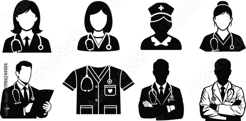 Medical professional avatar icons, healthcare worker silhouettes with stethoscopes, set of 8 doctor and nurse vector symbols for hospital branding
