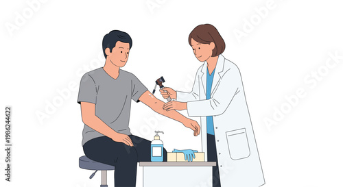 A female physician carefully applies a medical instrument to a red skin lesion on a male patient's arm while sitting near a blue sanitizer bottle desk.