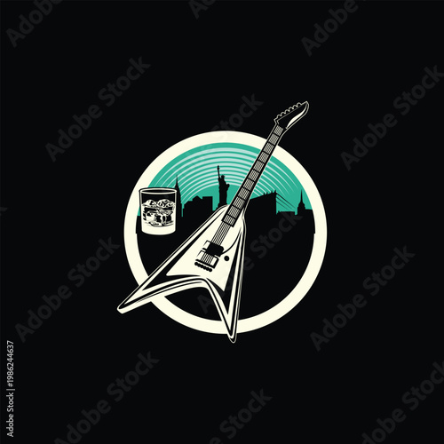 Electric guitar and New York City skyline illustration.
