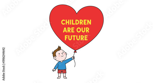Happy Child Holding Red Heart Balloon with Children Are Our Future Text Symbol of Hope