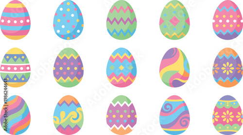 Fifteen colorful and decorative easter eggs with varied patterns and designs on white background