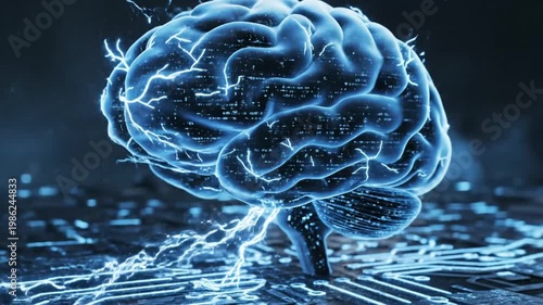 A glowing blue brain with lightning bolts.