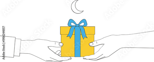 Giving gift box with blue ribbon, receiving present, sharing, special occasion, holiday, friendship, moon, offering