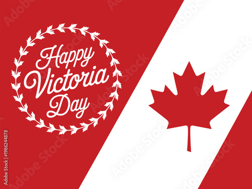 Happy victoria day greeting with canadian flag and maple leaf emblem, canadian