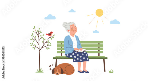 A peaceful elderly woman with grey hair reads a book on a green park bench next to a sleeping brown dog under a bright yellow sun on a summer day.