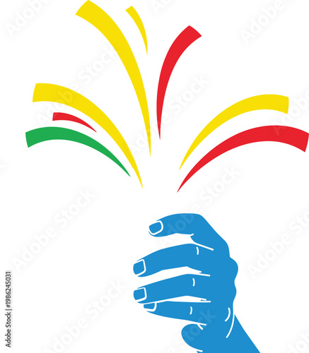 Hand holding popper with colorful confetti explosion, celebration, party, surprise, happy event, abstract colorful burst