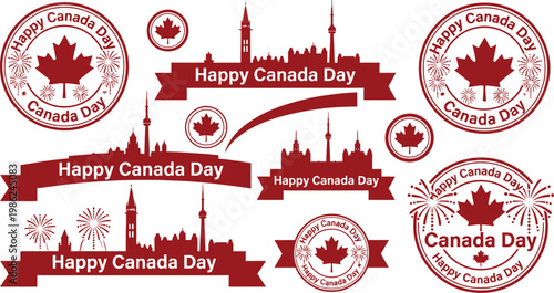 Canada day celebration stamps and silhouettes with maple leaf, national holiday