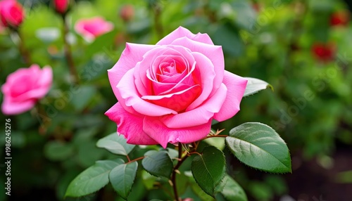 Beautiful Pink Rose in Full Bloom with Green Leaves.