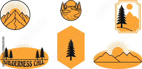 Vintage style nature and wilderness logos with mountains and trees, wilderness