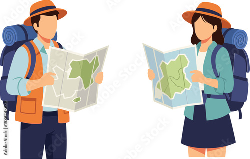 Hikers holding maps with backpacks and hats during outdoor trekking adventure for travel conceptual