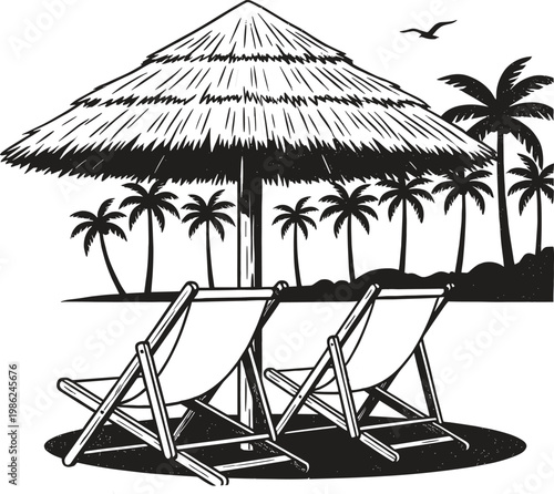 Idyllic beach scene with two chairs under a thatched umbrella, surrounded by palm trees