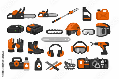 Chainsaw equipment and safety gear icon set featuring gas and electric saws, pole pruners, helmets, goggles, earmuffs, gloves, boots, batteries, fuel cans, oil, and maintenance tools in flat style.