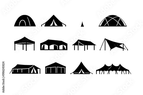 Camping Tent Shelter Canopy Pavilion Marquee Gazebo Silhouette Icon Set. Black Isolated Outdoor Adventure Equipment Symbols for Festival, Event, Glamping, Hiking, Scouting, and Wilderness Travel.
