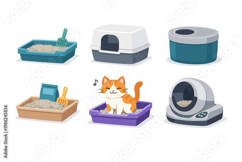 Comprehensive collection of various cat litter boxes featuring open trays with scoops, hooded boxes, top-entry designs, and automatic self-cleaning models with a cute ginger cat, flat vector.