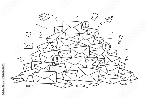 Vector outline drawing of a massive pile of mail envelopes, symbolizing communication backlog, message overload, and urgent notifications. Minimalist sketch for business and productivity concepts.