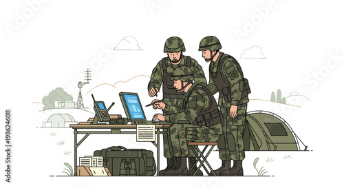 Military personnel wearing camouflage gear operate a high-tech field station featuring a laptop and specialized radio equipment on a folding wooden table.
