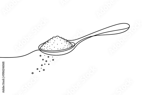 Continuous one line drawing of a spoon filled with sugar, salt, or spice, minimalist black and white vector illustration of a kitchen utensil with falling grains, simple elegant culinary design.