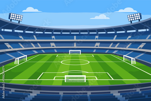 Flat Vector Illustration of a Large Empty Soccer Stadium Arena with a Green Grass Football Field, Blue Tiered Seating, Floodlights, and a Clear Blue Sky Background for Sports and Competition.