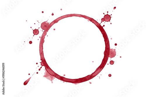 Realistic Red Wine Glass Stain Ring with Splashes and Drips on White Background. Circular Beverage Mark Vector Illustration for Winery, Vineyard, Restaurant Menu, or Wine Tasting Event Design.