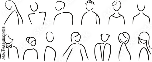 A collection of diverse abstract outline stick figure busts representing people.