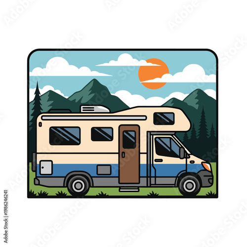 Retro style camper van illustration with cabin over cab design.