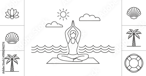 A woman doing yoga on a mat by the sea under the sun.