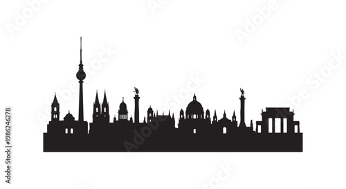 Silhouette of berlin germany cityscape with famous landmarks and buildings against a clear white background.