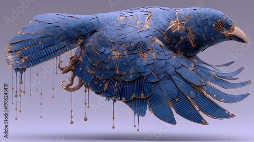 World Earth Day Icarus' Sun PV Burn Illustration, Hyperrealistic Icarus Falling, PV Panel Wings, Molten Metal & Oil Slick Use