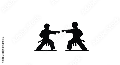 Two sharp black silhouettes of young martial artists in traditional karate uniforms face each other in a disciplined combat stance against clean white.