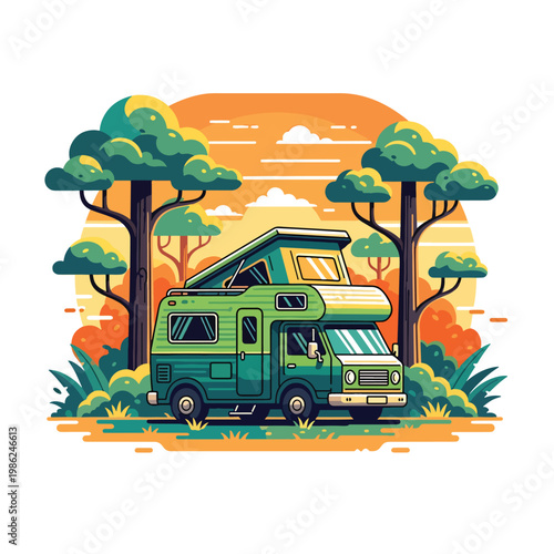 A vintage green camper van parked in a scenic outdoor setting.