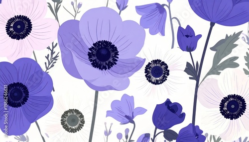 Beautiful Purple Anemone Flowers Seamless Pattern.
