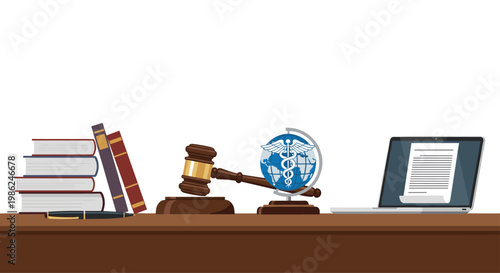 A polished wooden desk surface holds a stack of professional law books alongside a judge gavel and a medical globe next to a modern silver laptop.