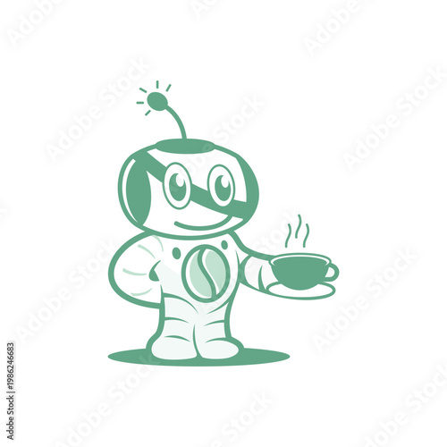 Cartoon Robot Holding a Steaming Cup of Coffee.