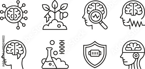 A diverse collection of line art icons related to mental health and well-being.