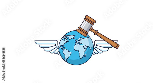 A polished wooden judge gavel rests atop a winged blue terrestrial globe against a stark white background under bright and even studio lighting conditions.
