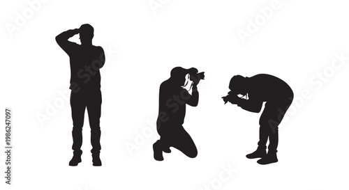 Three black silhouettes of photographers in different poses capturing images, isolated on white background.