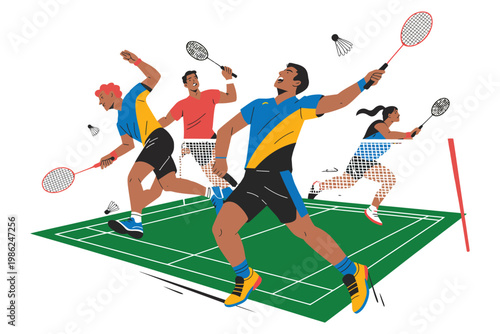 Badminton players in action on green court hitting shuttlecocks with rackets professional athletes competition vector character