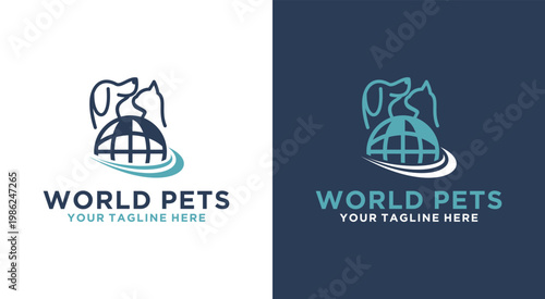 World Pets Logo Design Featuring Dog Cat Globe.