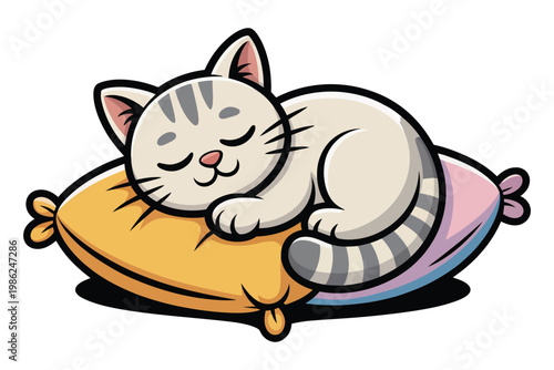 Cute cartoon cat sleeping on colorful pillow illustration for pet lover and nursery room decor sticker design character vector