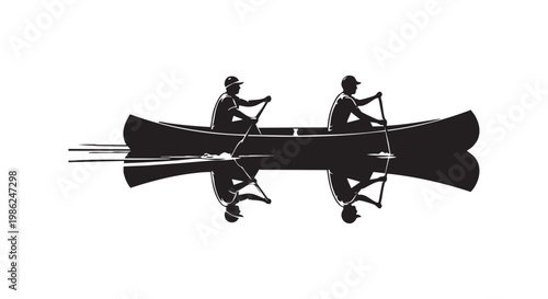 Two people paddling in canoe on water with reflections, side view illustration.