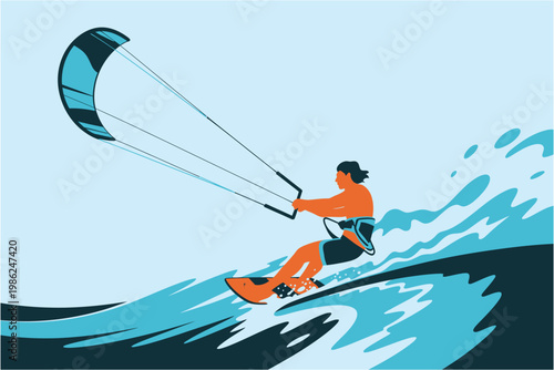 Kitesurfing man riding on large ocean wave with blue kite and surfing board extreme water sport athlete training in deep blue sea